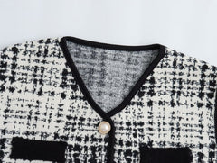 French Plaid Edging V neck Buttons Decoration Sleeveless Knit Vest Vest