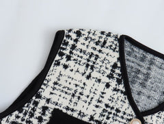 French Plaid Edging V neck Buttons Decoration Sleeveless Knit Vest Vest