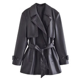 Retro Revers Kunstleder Mittellanger Trenchcoat Persönlichkeit Gürtel Schnürmantel