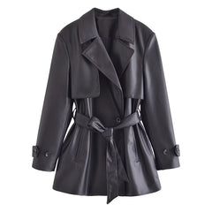 Retro Lapels Faux Leather Mid Length Trench Coat Personality Belt Lace up Coat