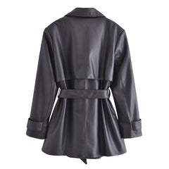 Retro Lapels Faux Leather Mid Length Trench Coat Personality Belt Lace up Coat