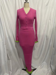 Ruffled Contrast Color Tight Knitted Skirt Set Skirt Two Piece Set