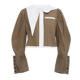 French Minority Asymmetric Color Effect Collar Gigot Sleeve Short Shirt Jacket