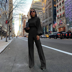 Solid Color Turtleneck Backless Long Sleeves Casual One piece Trousers