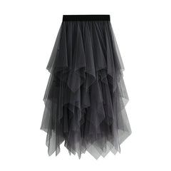 Irregular Asymmetric Mesh Skirt Mid Length Gauze Skirt High Waist All Matching Slimming Skirt
