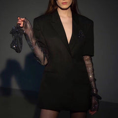 British Elegant Bead Mesh Stitching Long Sleeve Small Blazer