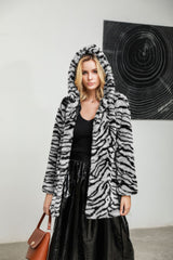 Super Thick Hooded Big Tiger Pattern Coat Furry Mid-Length Faux Fur Coat