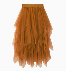 Irregular Asymmetric Mesh Skirt Mid Length Gauze Skirt High Waist All Matching Slimming Skirt