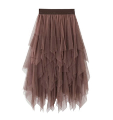 Irregular Asymmetric Mesh Skirt Mid Length Gauze Skirt High Waist All Matching Slimming Skirt