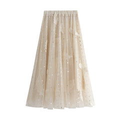 Feather Embroidery Mesh Skirt Sweet Fairy Dress High Waist Bubble Skirt