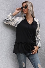 Floral Raglan Sleeve Tassel Tie Frill Trim Top