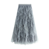 Heavy Craft Wave Unregelmäßiges asymmetrisches Lagenkleid mit Stufenmuster, Netz-Ballonrock, Feenkleid mit hoher Taille
