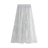 Feather Embroidery Mesh Skirt Sweet Fairy Dress High Waist Bubble Skirt