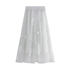 Feather Embroidery Mesh Skirt Sweet Fairy Dress High Waist Bubble Skirt