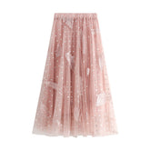 Netzrock mit Federstickerei, süßes Feenkleid, hohe Taille, Blasenrock