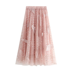Feather Embroidery Mesh Skirt Sweet Fairy Dress High Waist Bubble Skirt