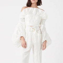 Ruffled Shirt Fall Slim Fit Solid Color All Matching off-Neck Lantern Long Sleeve Slim Short Shirt