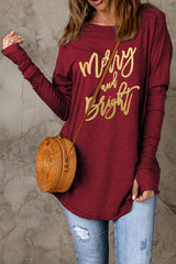 Red Merry Bright Thumb Hole Long Sleeve Graphic T Shirt