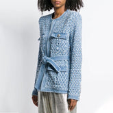 Herbst-Jeansjacke, lässig, Rundhalsausschnitt, hohe Taille, Schnürung, Ausschnitt, lange Ärmel, schmale Jacke