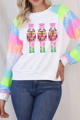 White Sequin Colorblock Sleeve Nutcracker Graphic Sweatshirt