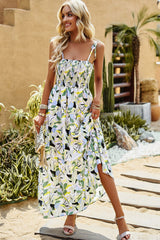 Robe longue imprimée à smocks et épaules nouées