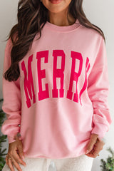Rosa, locker sitzendes Weihnachts-Sweatshirt mit „MERRY“-Alphabet-Print