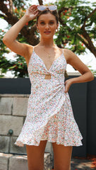 V neck Printed Wear Short Hollow Out Cutout Backless Dress