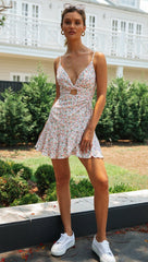 V neck Printed Wear Short Hollow Out Cutout Backless Dress