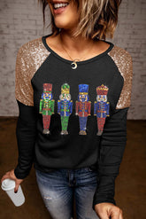 Black Sequined Raglan Sleeve Nutcracker Graphic Tee