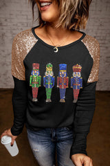 Black Sequined Raglan Sleeve Nutcracker Graphic Tee