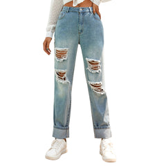 High Waist Jeans Ripped Trousers