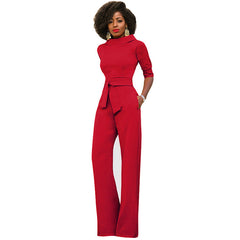 Fall Solid Color Polo Collar Five Quarter Sleeve High Waist Wide Leg Jumpsuit