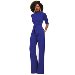 Fall Solid Color Polo Collar Five Quarter Sleeve High Waist Wide Leg Jumpsuit