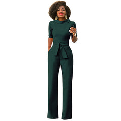 Fall Solid Color Polo Collar Five Quarter Sleeve High Waist Wide Leg Jumpsuit