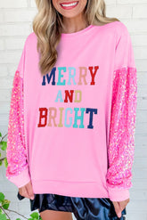 Rosa MERRY BRIGHT Sweatshirt mit Grafik und Paillettenärmeln