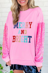 Sweat-shirt graphique rose MERRY BRIGHT à manches pailletées