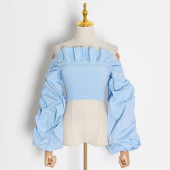 Ruffled Shirt Fall Slim Fit Solid Color All Matching off-Neck Lantern Long Sleeve Slim Short Shirt