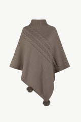 Poncho à col roulé en maille torsadée avec bordure à pompons