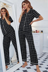 Grid Lapel Collar Short Sleeve Top Pants Pajama Set