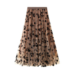 Flocking Mesh Skirt Mid-Length Slimming Draping Gauze Skirt Super-Fairy Fairy Pleated Skirt