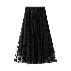 Flocking Mesh Skirt Mid-Length Slimming Draping Gauze Skirt Super-Fairy Fairy Pleated Skirt