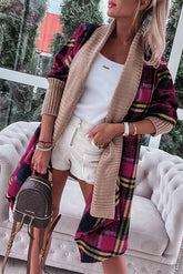 Braune, gerippte Strickjacke mit offenem Schottenmuster und Spleißmuster