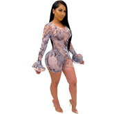 Mesh See through Short Bell Sleeve Romper