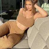 Pull en peluche décontracté, col en V, gilet court, pantalon, costume deux pièces, moelleux