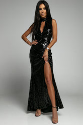 Robe fendue sans manches à paillettes découpées