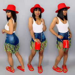 Short en jean brossé à pompons déchirés, pantalon droit décontracté