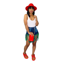 Short en jean brossé à pompons déchirés, pantalon droit décontracté