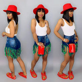 Ripped Tassel Brushed Denim Shorts Jeans Casual Straight Pants