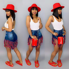 Short en jean brossé à pompons déchirés, pantalon droit décontracté