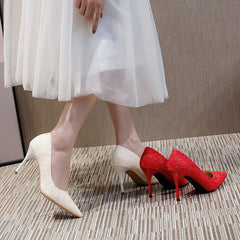 Women's Small Size Wedding Red Lace Bridesmaid High Heels